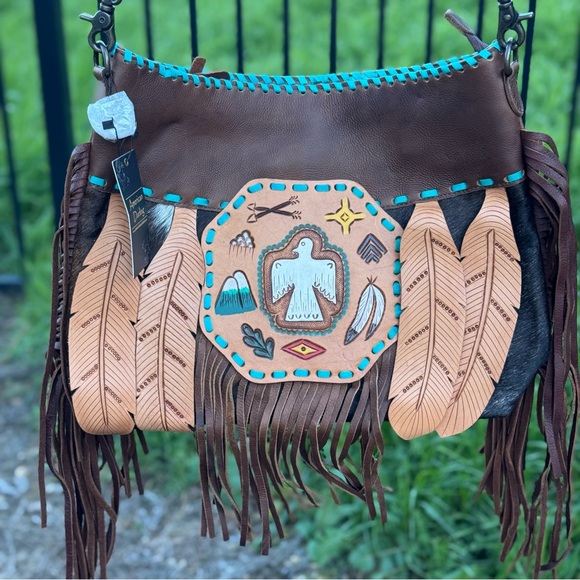 American Darling Eagle Feather Moon Hand Painted Leather Fringe Crossbody Purse - Picture 9 of 9